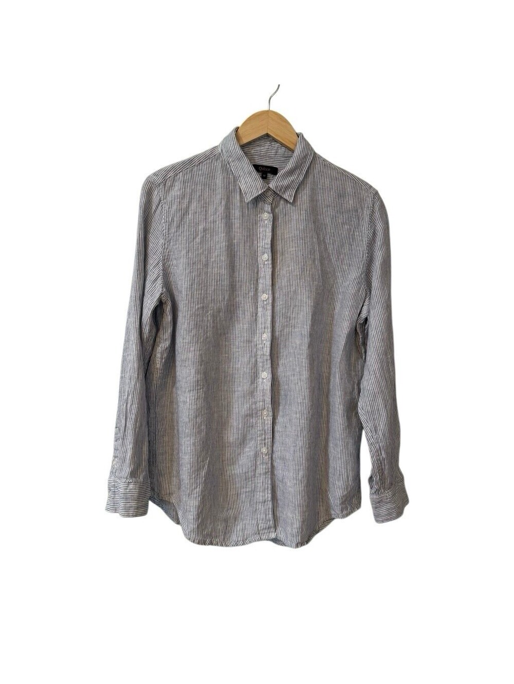 QUINCE 100% European Linen Long Sleeve Shirt Blue Pinstripe Ladies M